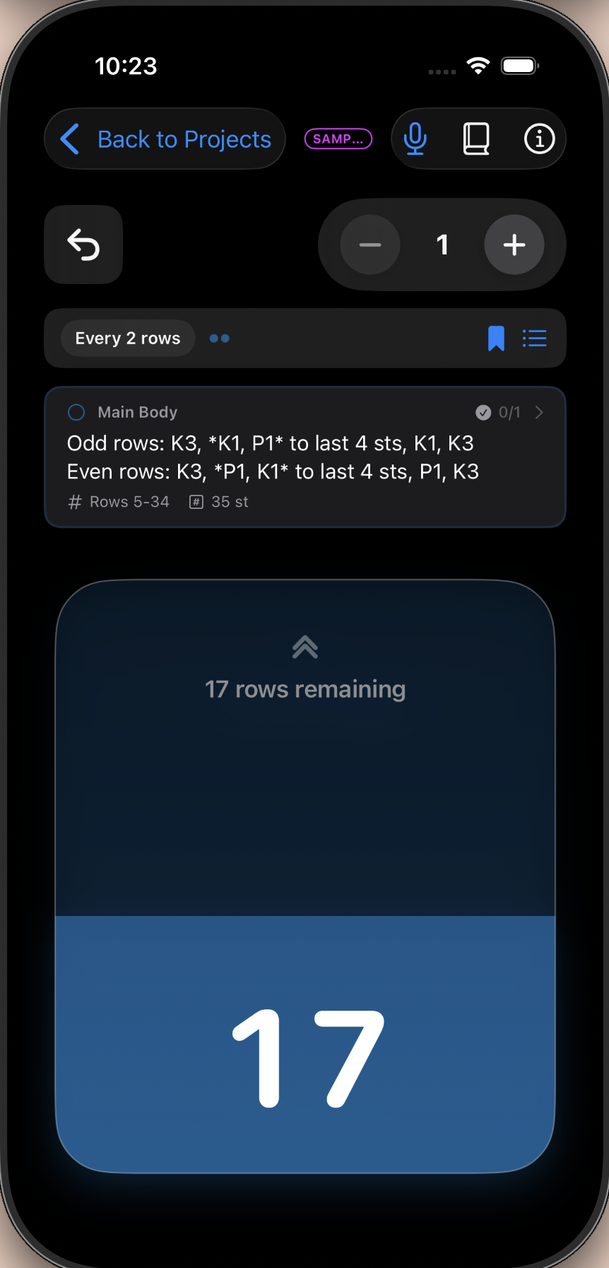 Yarnie counter in dark mode showing the same pattern with high-contrast interface