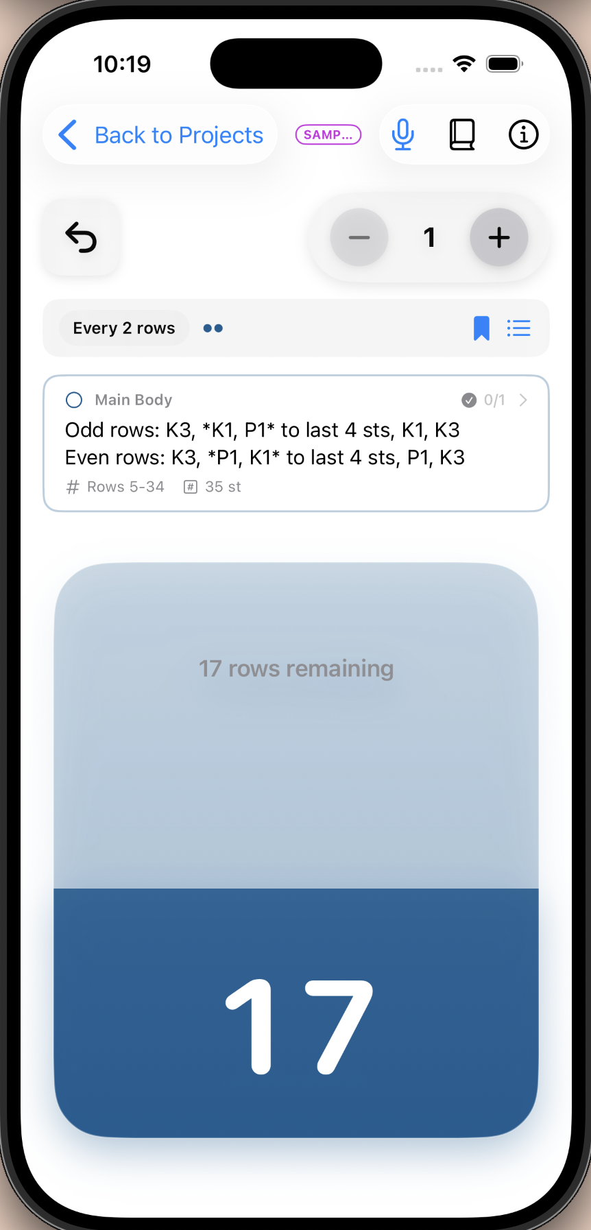 Yarnie Counter screen with a large tap target for row counting and inline pattern instructions