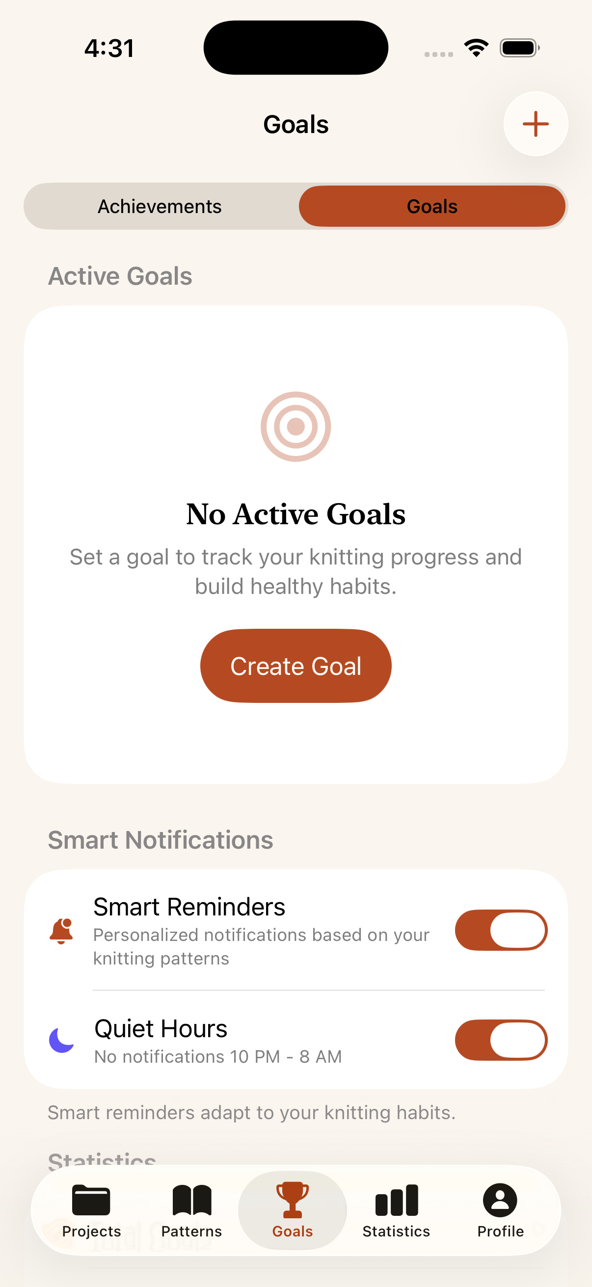 Yarnie Goals screen showing active goals, smart reminders, and quiet hours settings
