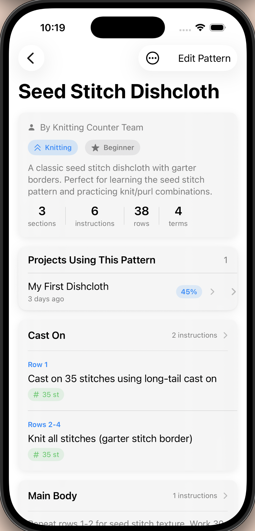 Yarnie pattern detail view showing stitch abbreviations and row-by-row instructions