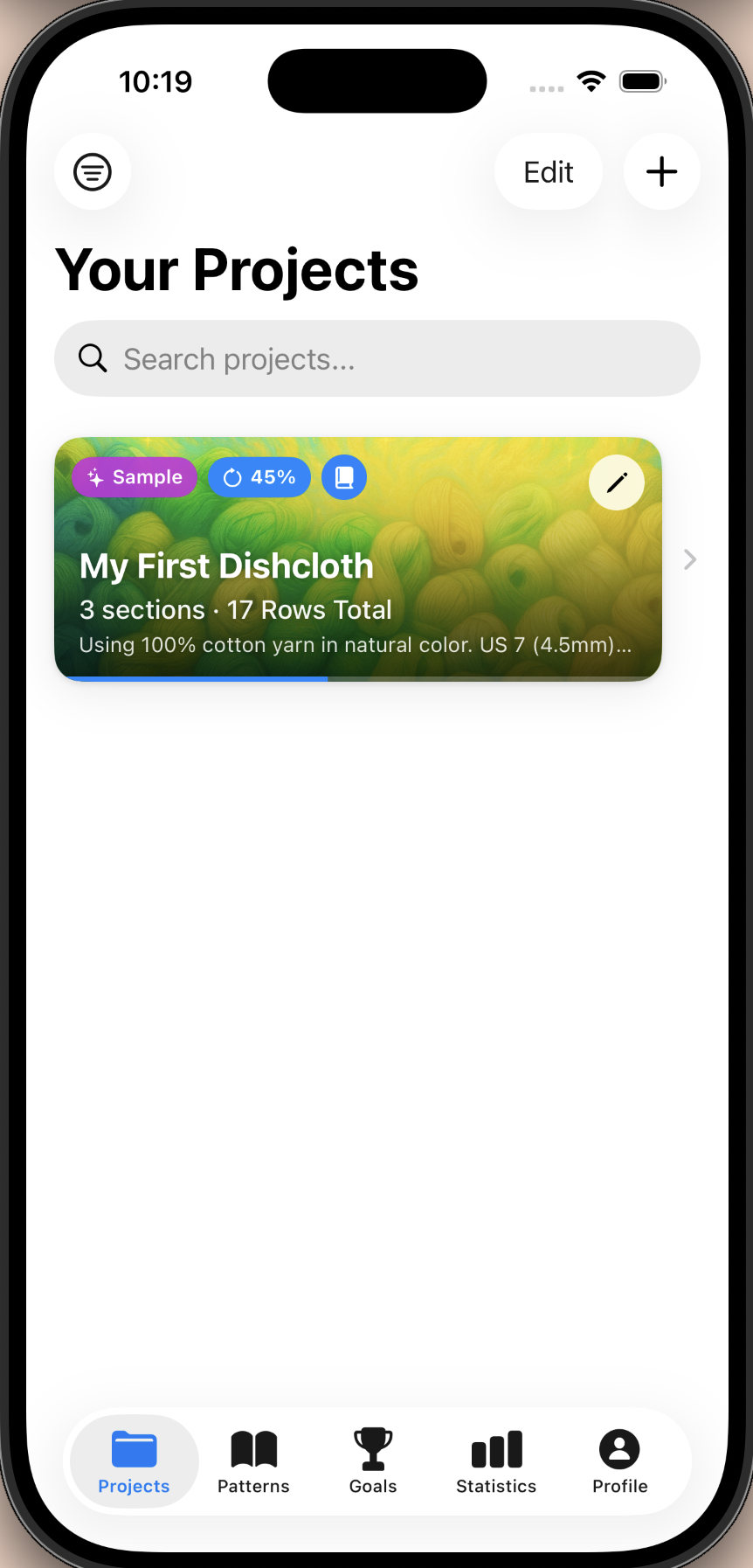 Yarnie Projects screen showing a list of active knitting projects with progress indicators