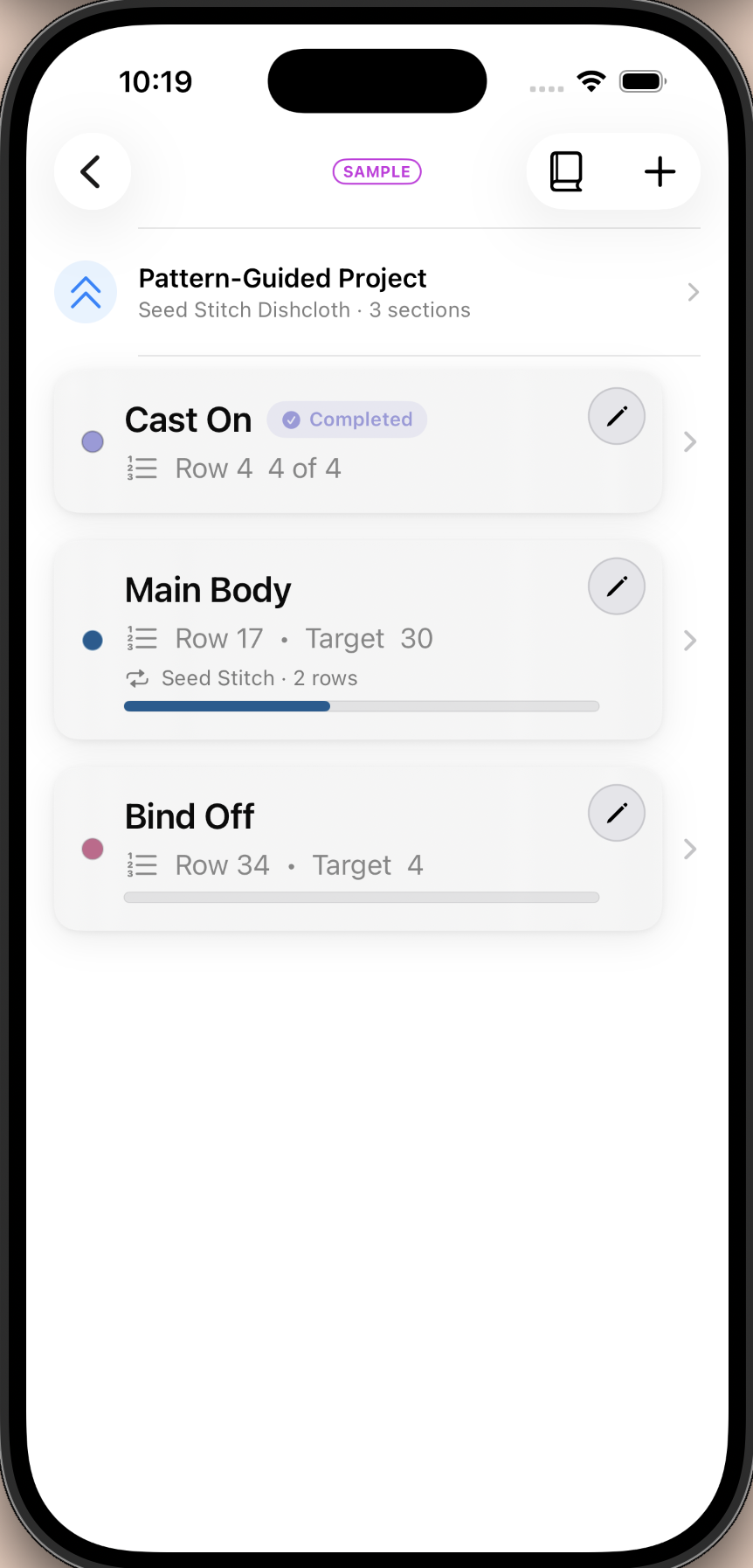 Yarnie pattern sections view with independent counters per section