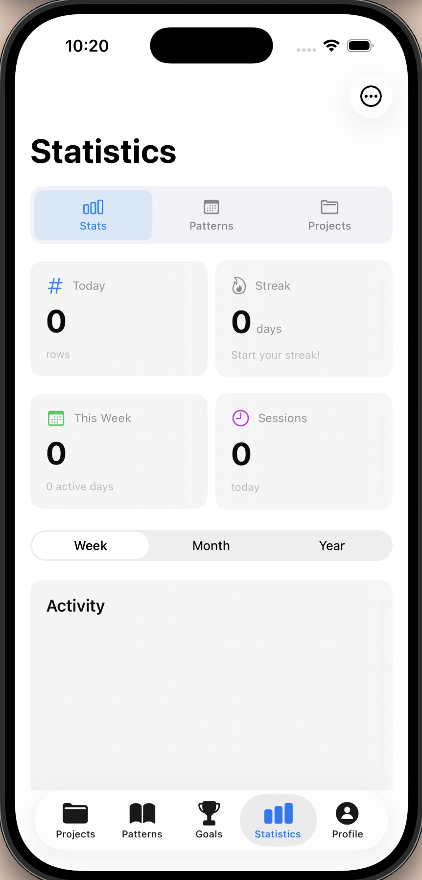 Yarnie statistics dashboard showing weekly row counts, total projects, and crafting streaks